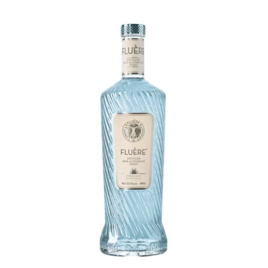 Eine blaue Flasche Fluère Smoked Agave. Eine alkoholfreie Alternative zu Tequila.
