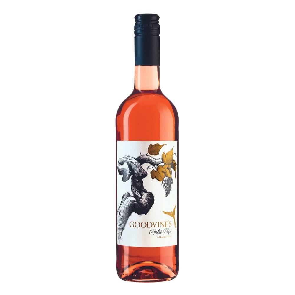 GOODVINES Merlot Rosé alkoholfrei in einer eleganten Glasflasche mit kunstvollem Etikett. Alkoholfreier Roséwein, erhältlich auf undrunk.ch.