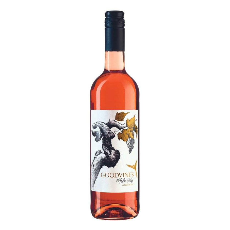 GOODVINES Merlot Rosé alkoholfrei in einer eleganten Glasflasche mit kunstvollem Etikett. Alkoholfreier Roséwein, erhältlich auf undrunk.ch.