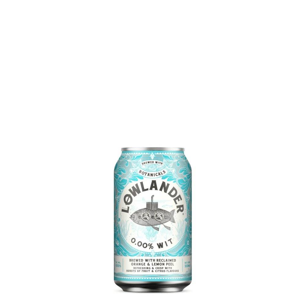 Lowlander 0.0% Wit alkoholfreies Witbier in einer 330ml-Dose mit botanischem Design, gebraut mit Orangen- und Zitronenschalen.