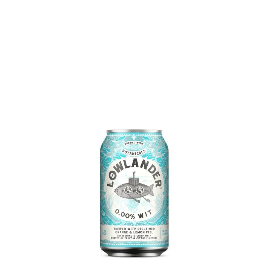 Lowlander 0.0% Wit alkoholfreies Witbier in einer 330ml-Dose mit botanischem Design, gebraut mit Orangen- und Zitronenschalen.
