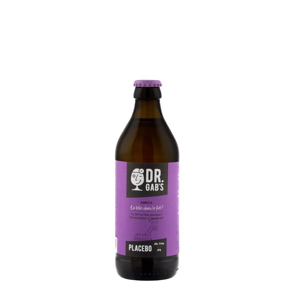 Dr. Gab's Placebo IPA alkoholfrei, ein alkoholfreies India Pale Ale Bier in einer 330ml Flasche mit lila Etikett. Bestelle auf undrunk.ch.