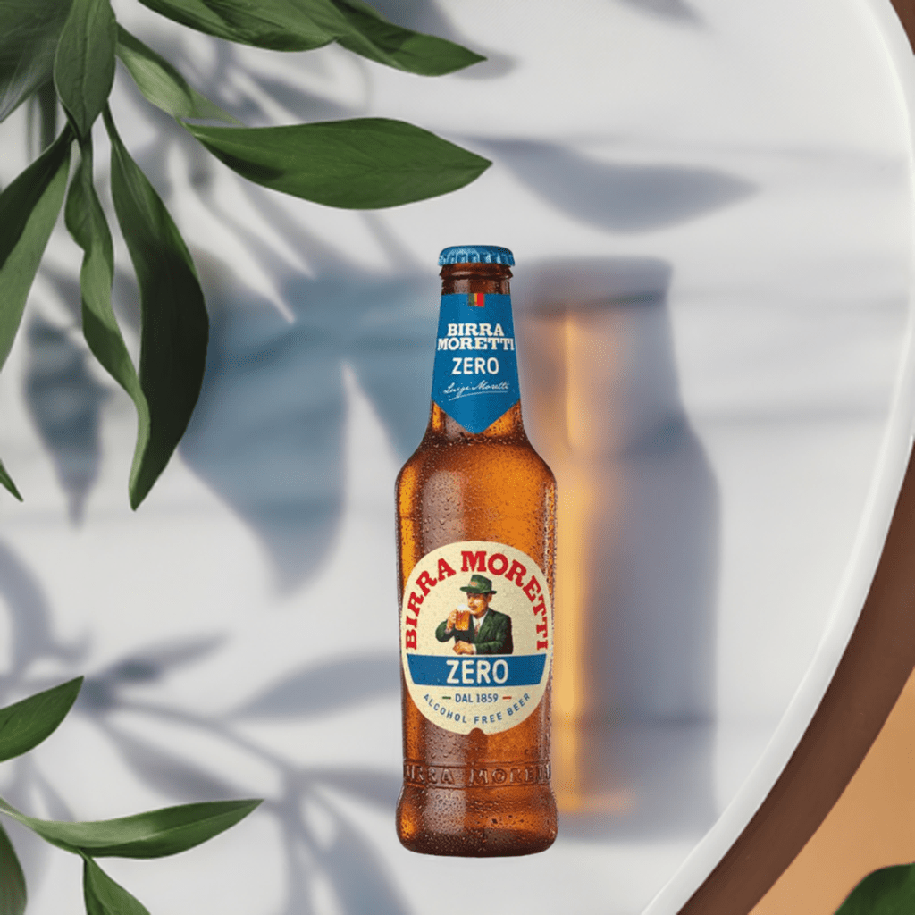 Birra Moretti Zero – Erfrischendes alkoholfreies Bier auf weissem Tisch.