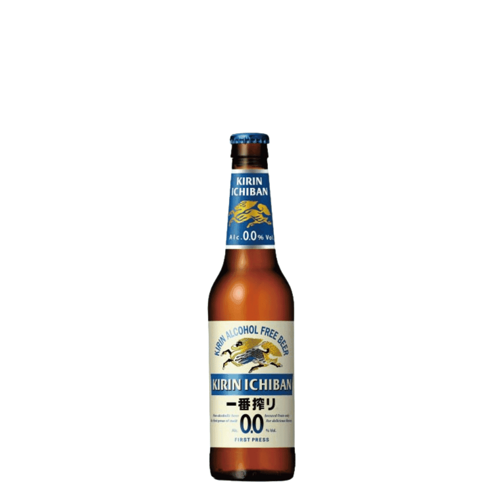Kirin Ichiban Alkoholfrei Lager Bierflasche mit blauem Etikett, alkoholfreies Bier ideal zu japanischer Küche, 0,0 % Vol.