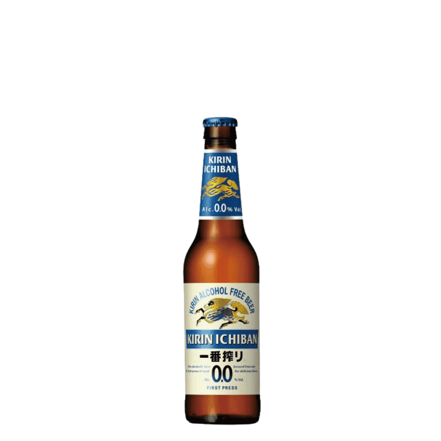 Kirin Ichiban Alkoholfrei Lager Bierflasche mit blauem Etikett, alkoholfreies Bier ideal zu japanischer Küche, 0,0 % Vol.