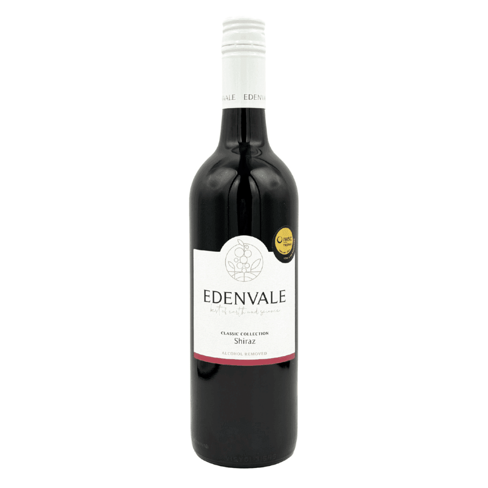 Schwarze Weinflasche mit weißem Etikett, Edenvale Shiraz ohne Alkohol, klassischer Rotwein, ideal für alkoholfreie Weinliebhaber