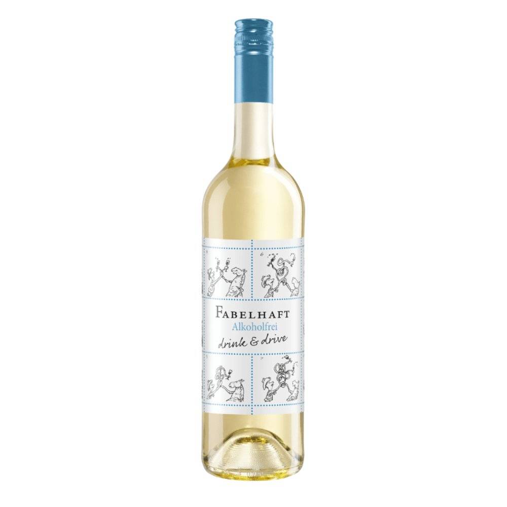 Eine alkoholfreie Weissweinflasche Fabelhaft Riesling.