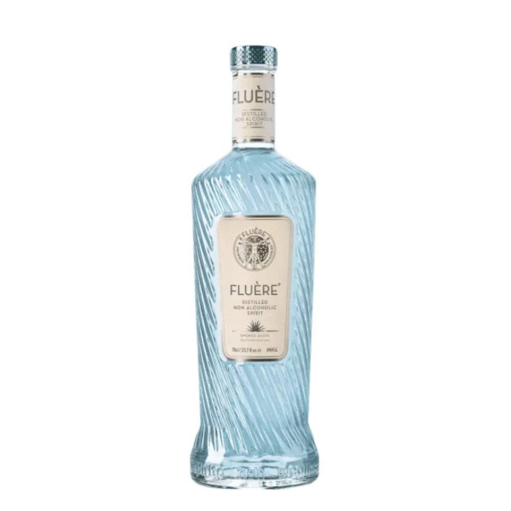 Eine blaue Flasche Fluère Smoked Agave. Eine alkoholfreie Alternative zu Tequila.