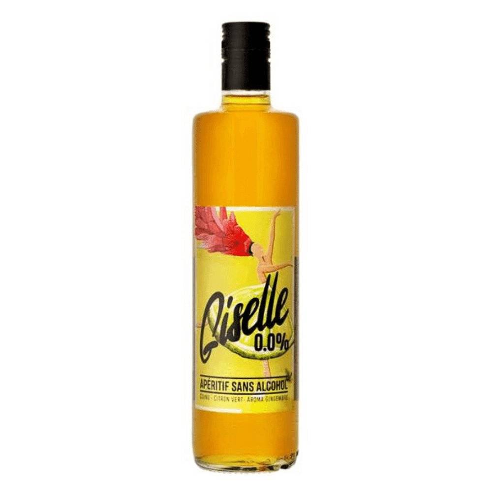 Eine gelbe Flasche Giselle 0.0%. Eine alkohlfreie Alternative zu Aperitif.
