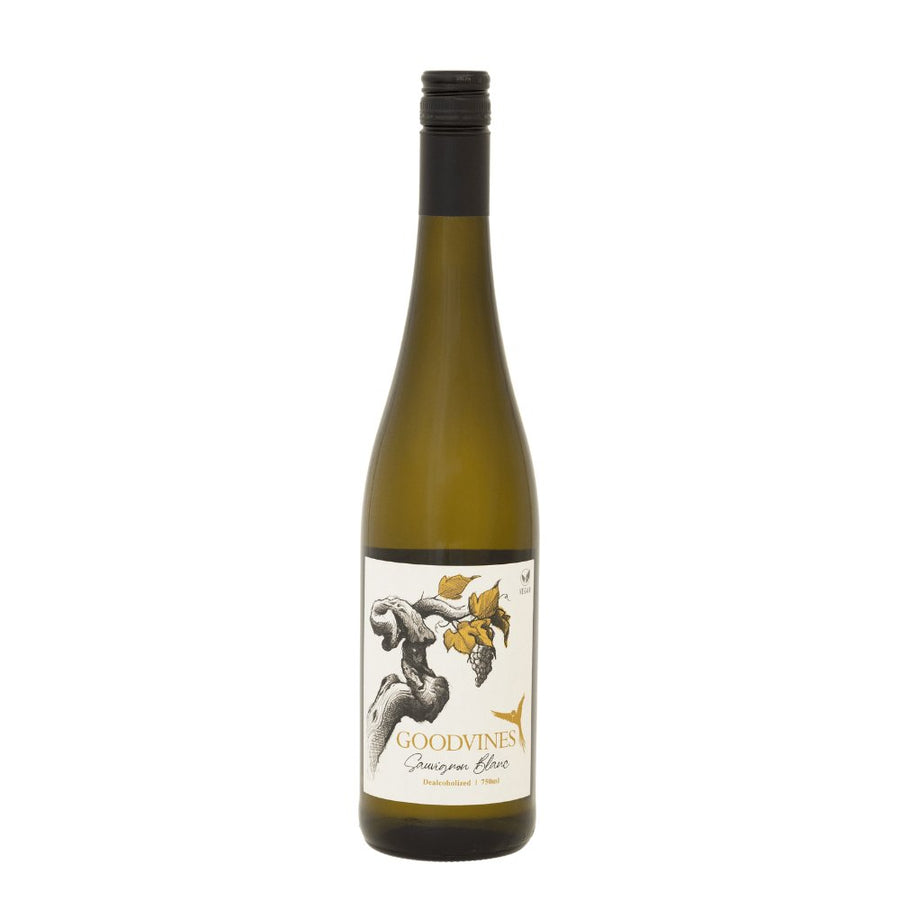 GOODVINES Sauvignon Blanc alkoholfrei in einer eleganten Glasflasche mit modernem Etikett. Alkoholfreier Weisswein für Genuss ohne Alkohol.