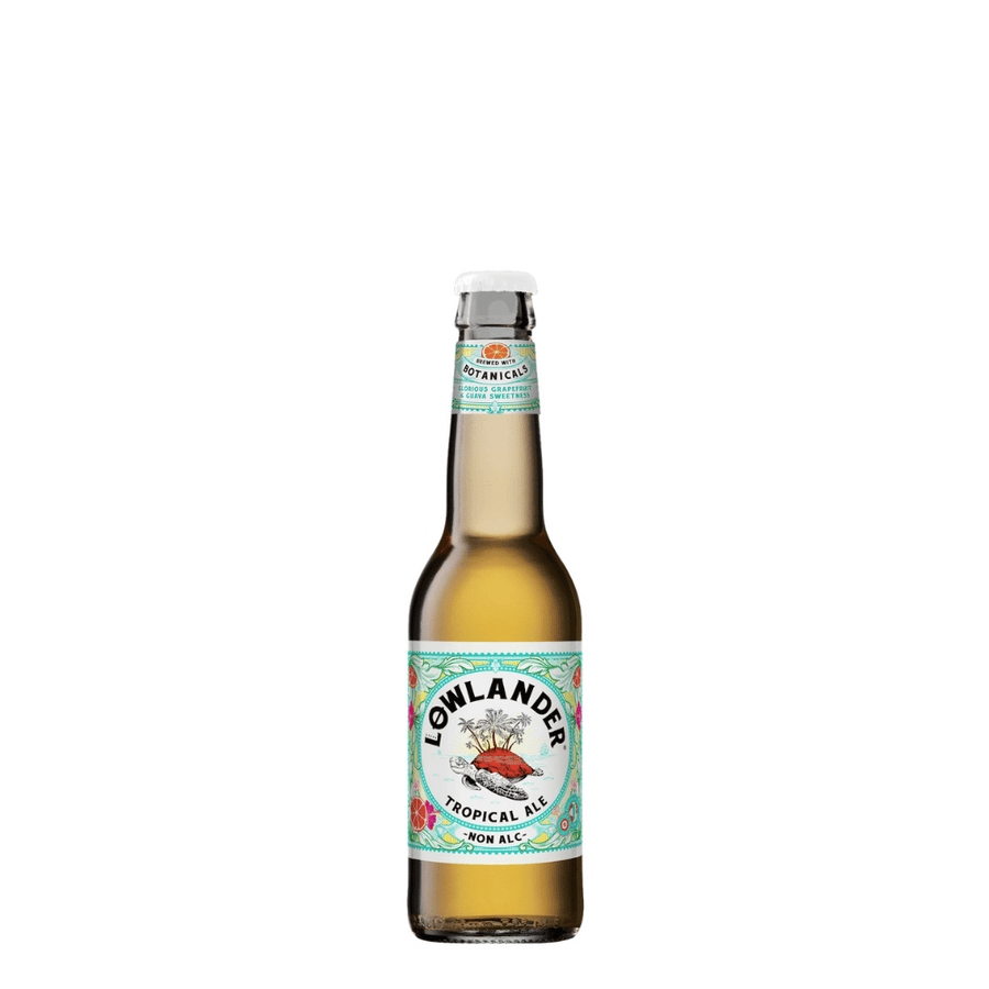 Lowlander non-alcoholic Tropical Ale ᐅ Alkoholfreies Tropical Ale Bier in einer 330ml Flasche mit botanischem Design und fruchtigen Noten von Grapefruit und Guave.