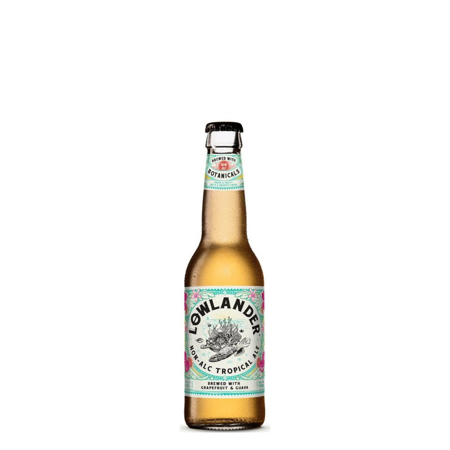 Lowlander non-alcoholic Tropical Ale ᐅ Alkoholfreies Tropical Ale Bier in einer 330ml Flasche mit botanischem Design und fruchtigen Noten von Grapefruit und Guave.