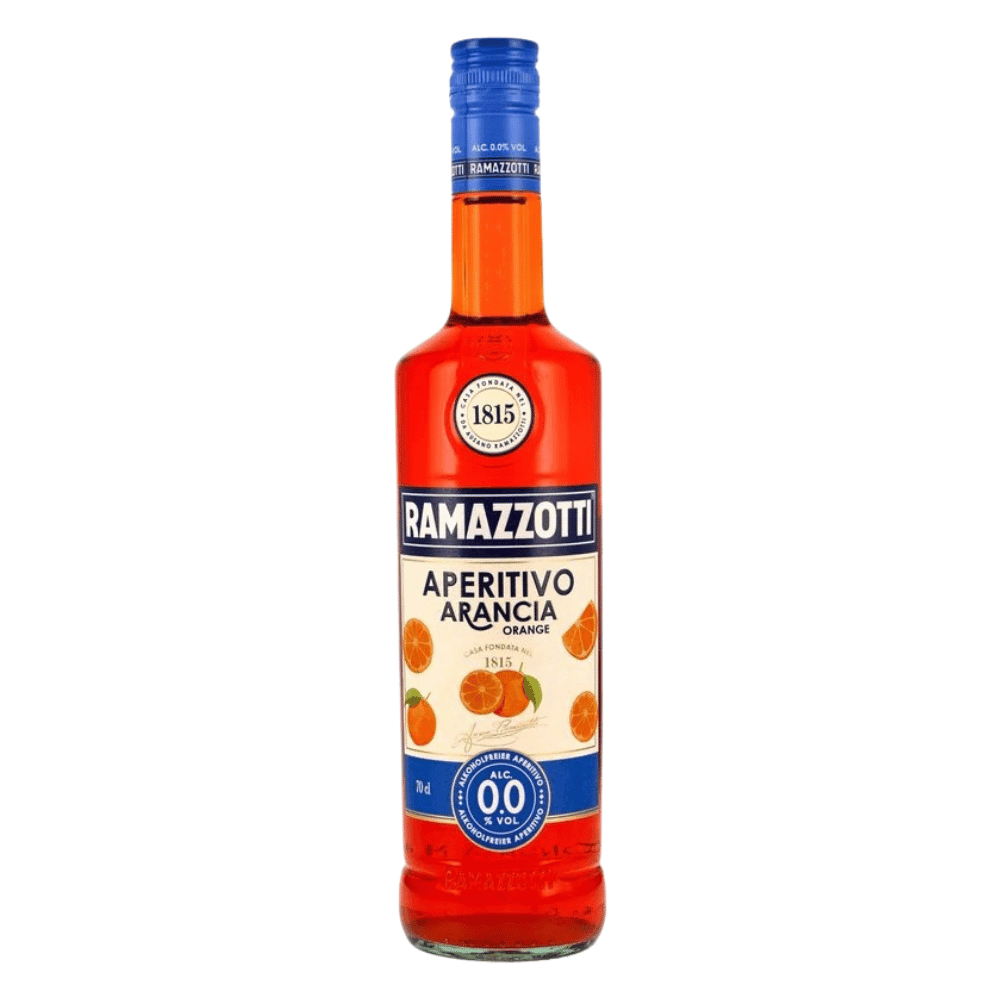 Brennflasche mit orangefarbenem alkoholfreiem Aperitif Ramazzotti Arancia, 0,0% Vol, blauer Schraubverschluss, fruchtiges Design