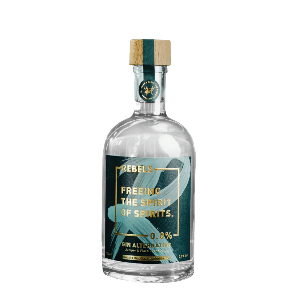 REBELS 0.0% Gin Alternative alkoholfrei in 50 cl Flasche mit stilvollem Etikett. Perfekt für alkoholfreien Gin & Tonic mit Wacholdernoten.